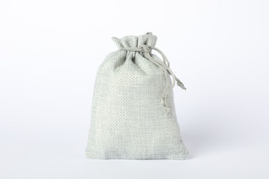 Photo of One grey burlap sack on white background