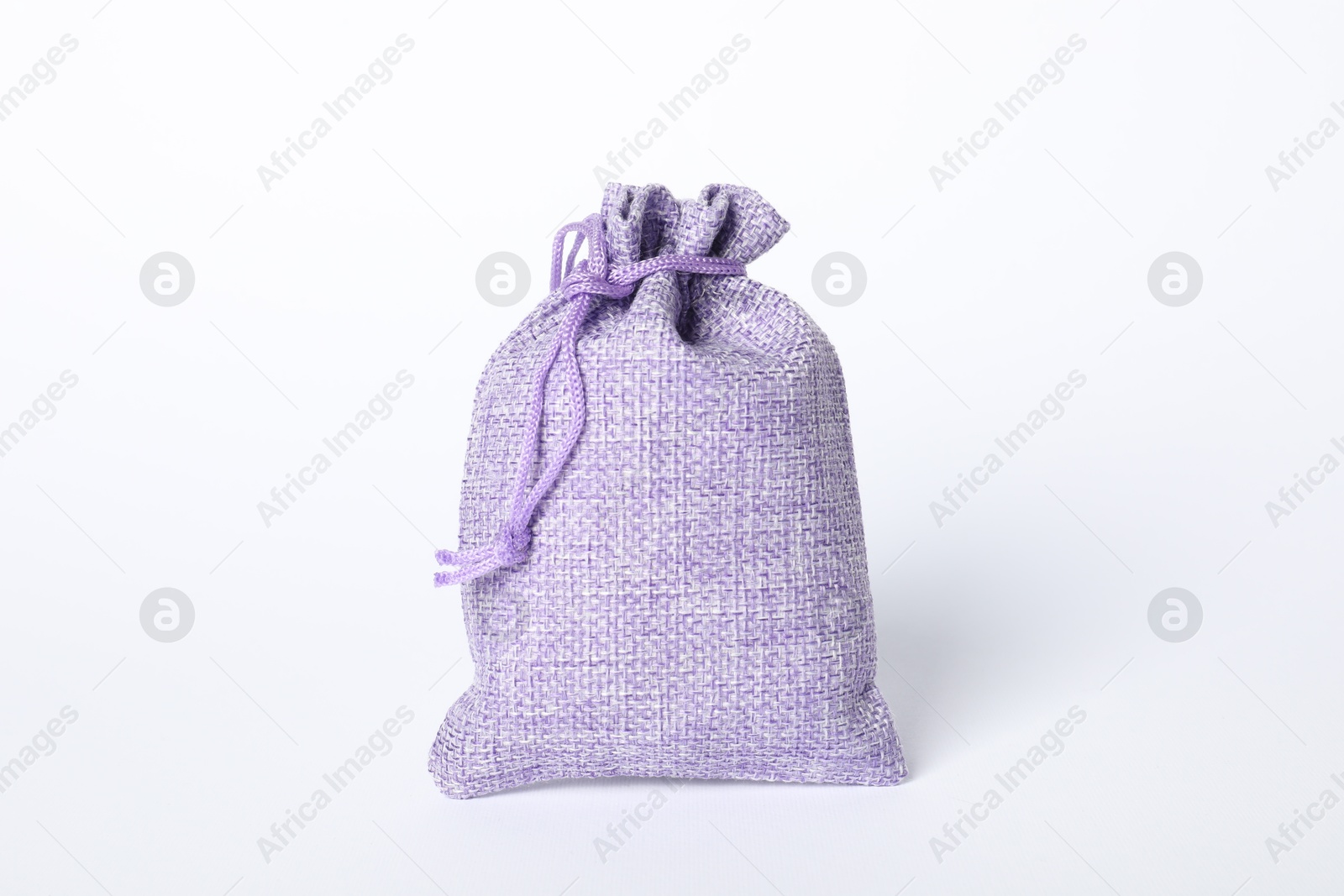 Photo of One violet burlap sack on white background