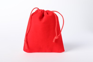 Photo of One red burlap sack on white background