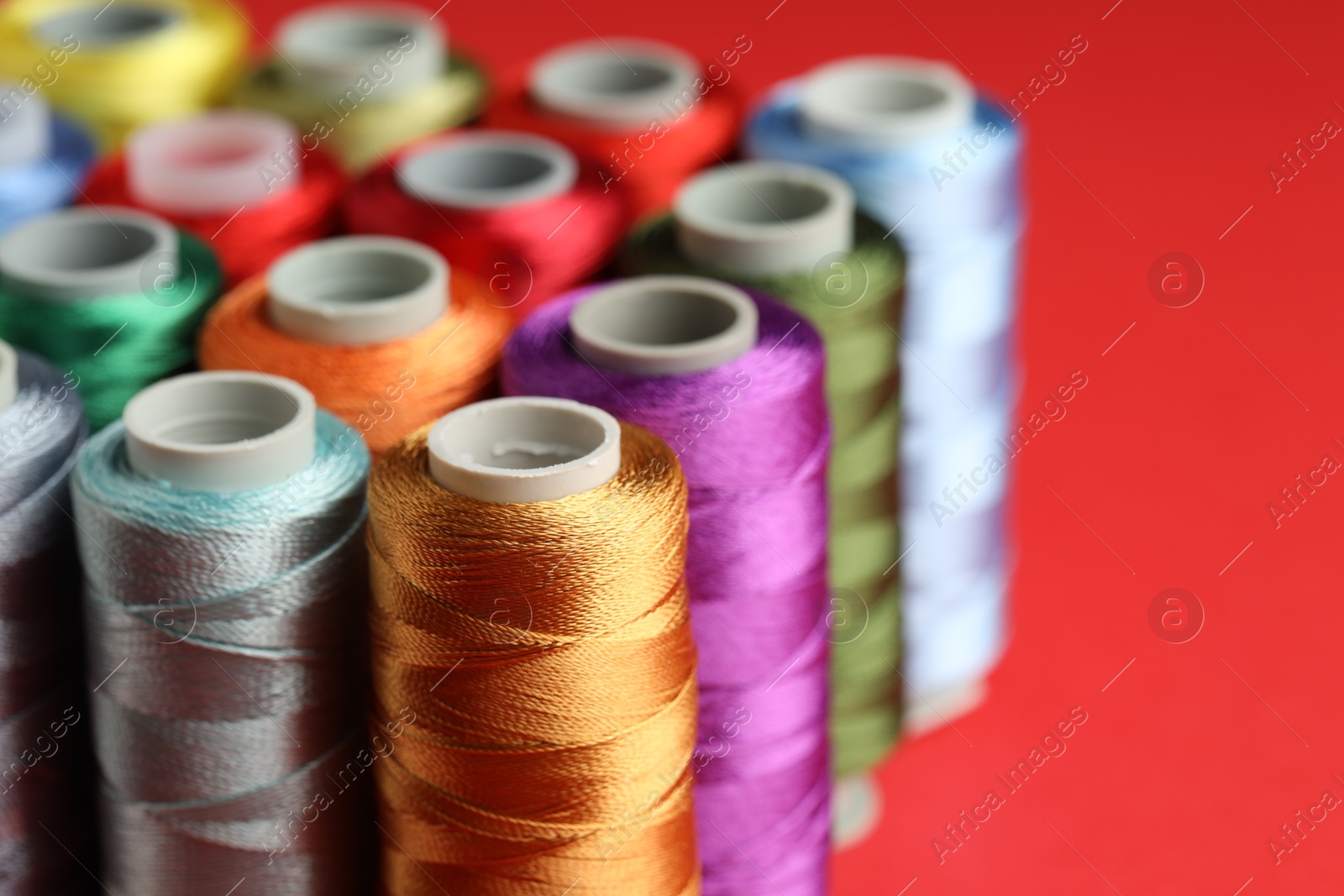 Photo of Different spools of sewing threads on red background, closeup