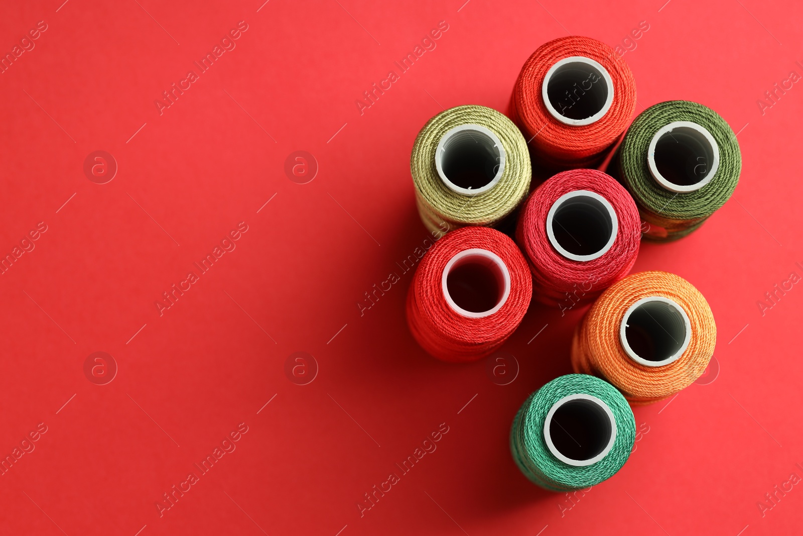 Photo of Different spools of sewing threads on red background, flat lay. Space for text