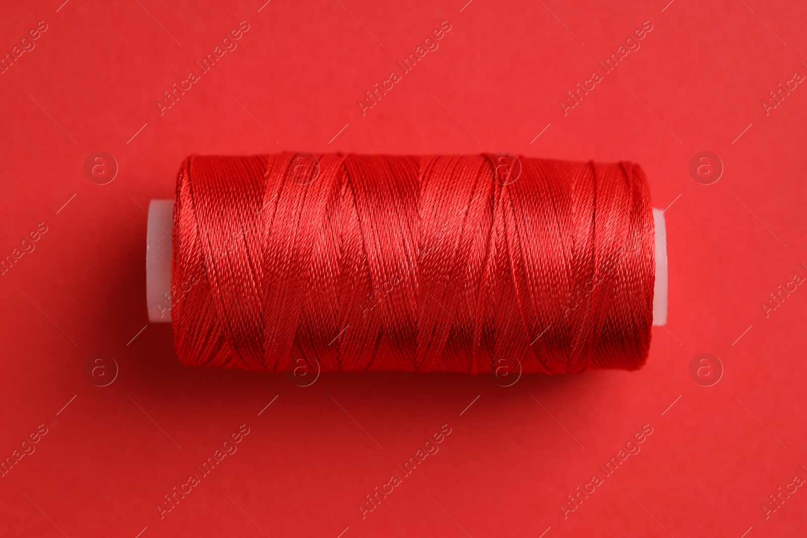 Photo of Spool of sewing thread on red background, top view