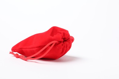 Photo of One red burlap sack on white background