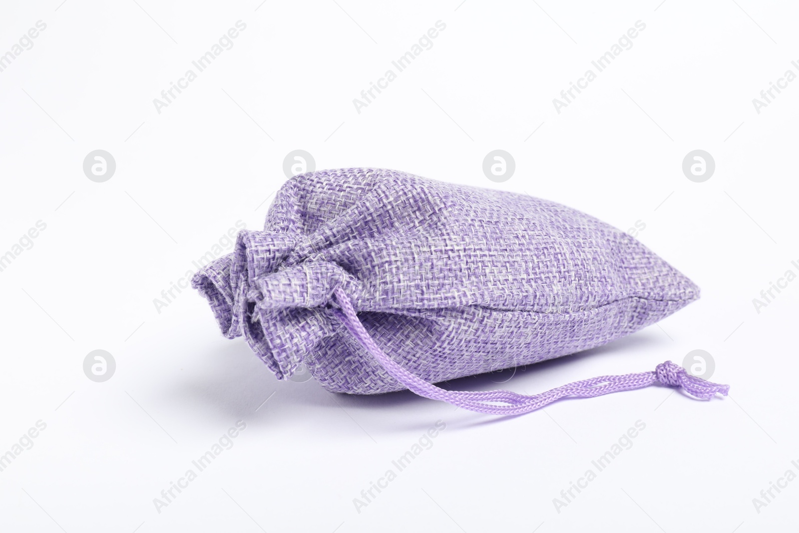 Photo of One violet burlap sack on white background