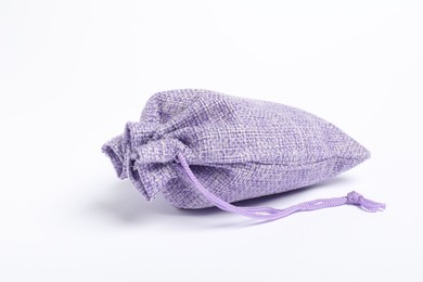 Photo of One violet burlap sack on white background