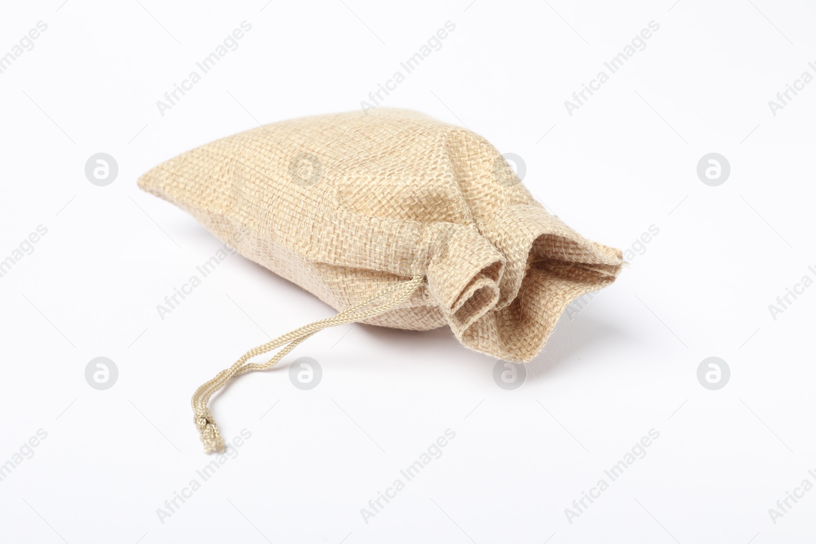 Photo of One beige burlap sack on white background