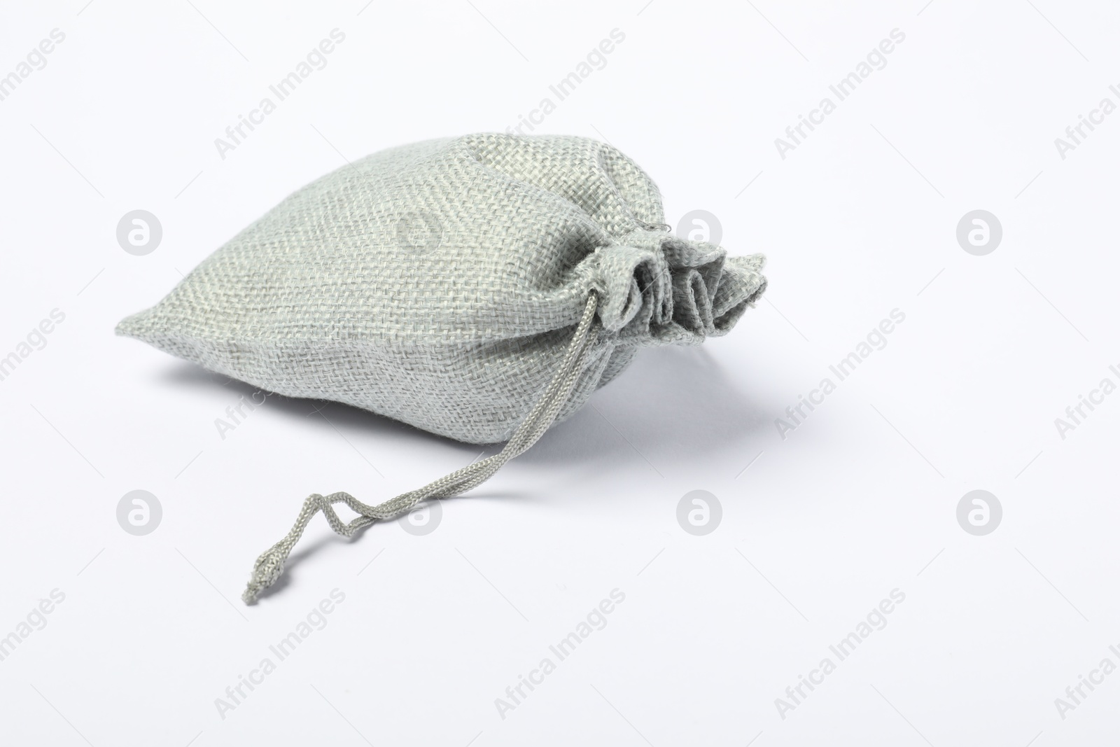 Photo of One grey burlap sack on white background