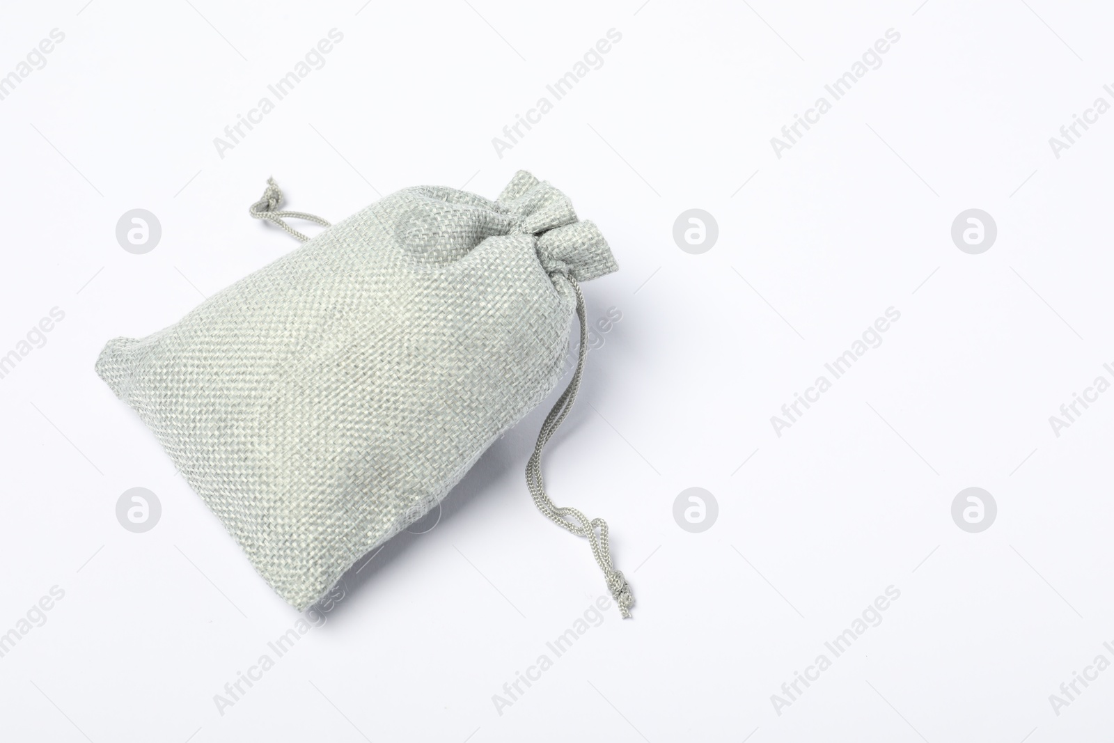 Photo of One grey burlap sack on white background top view