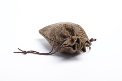 Photo of One brown burlap sack on white background