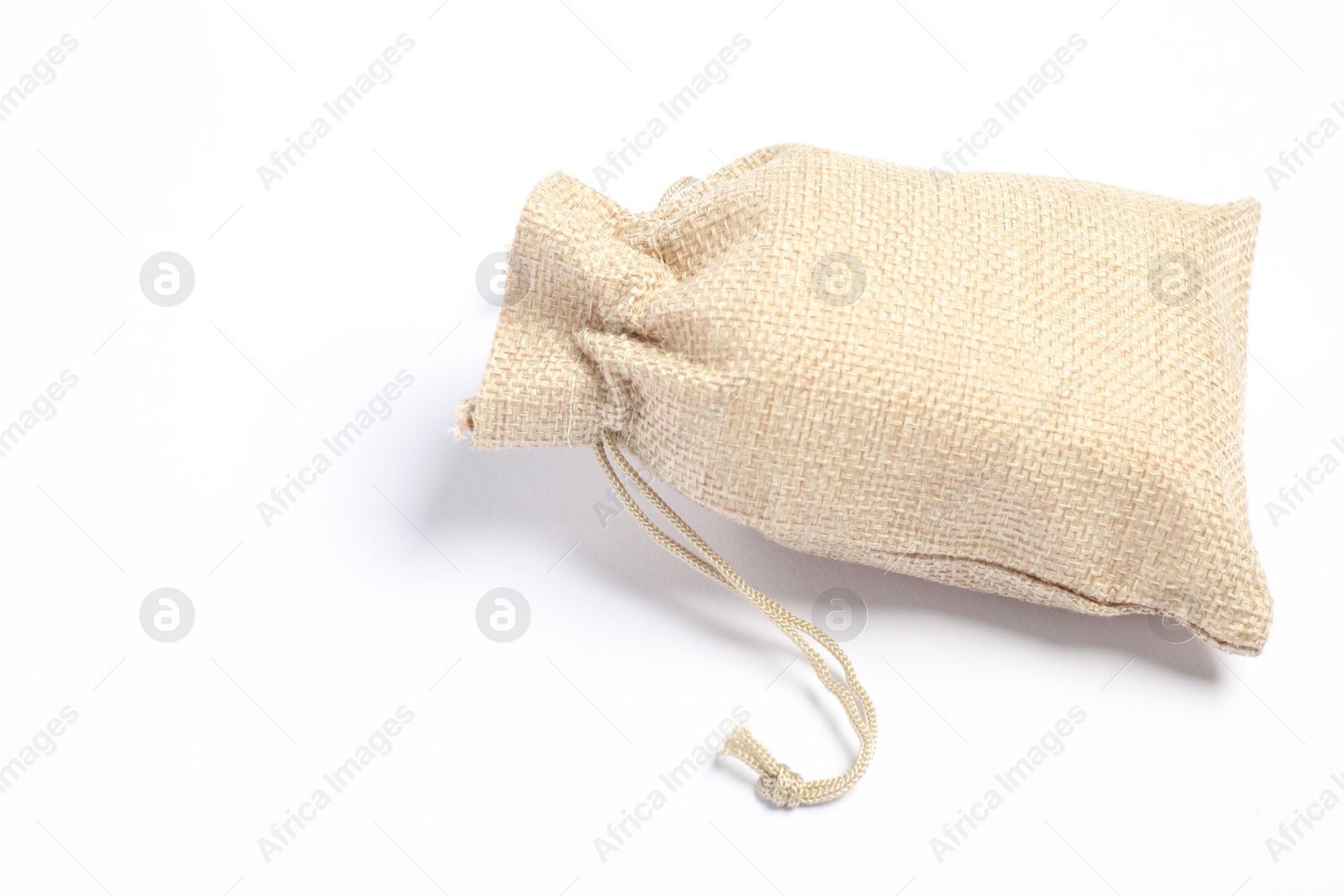 Photo of One beige burlap sack on white background