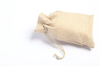 Photo of One beige burlap sack on white background