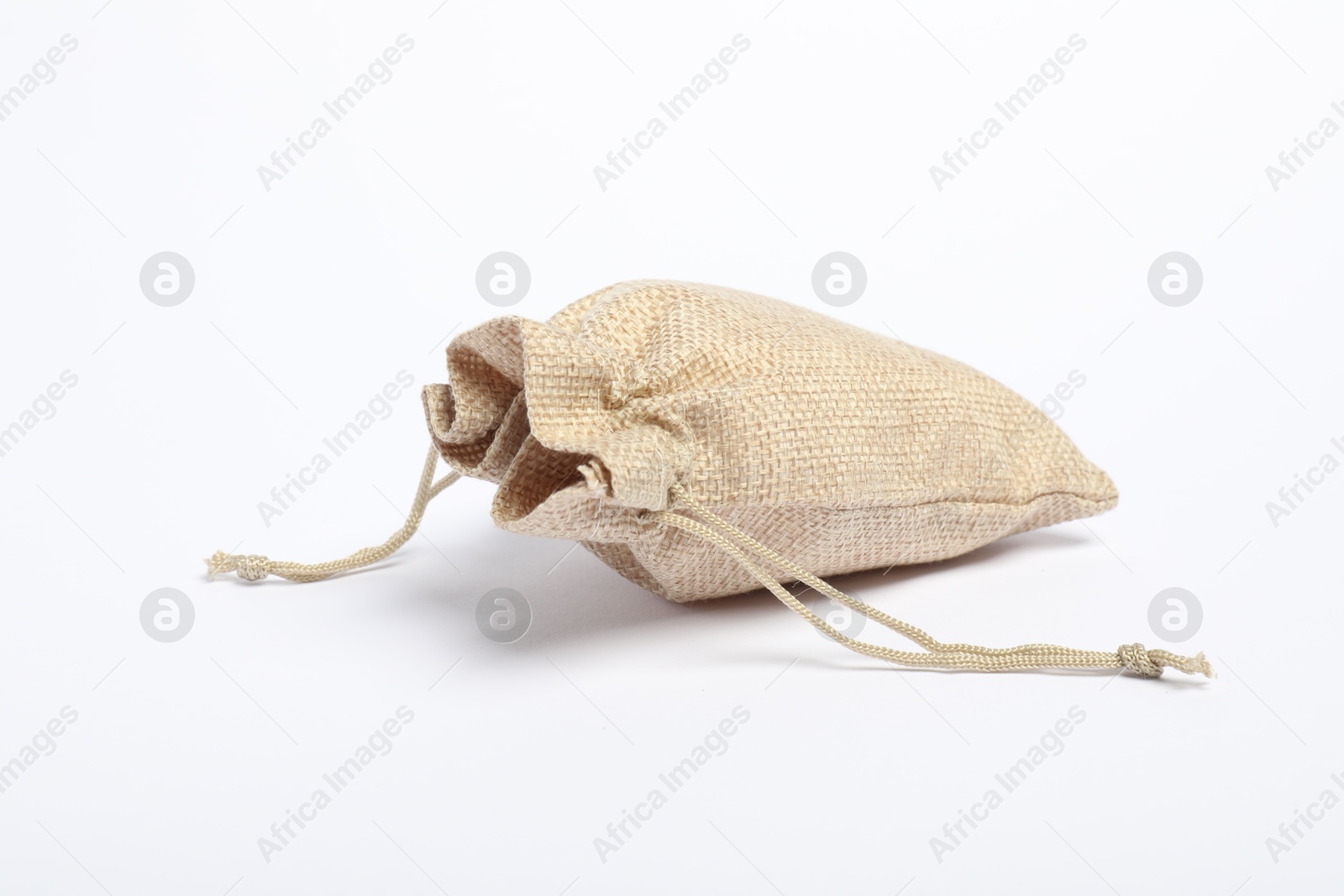 Photo of One beige burlap sack on white background