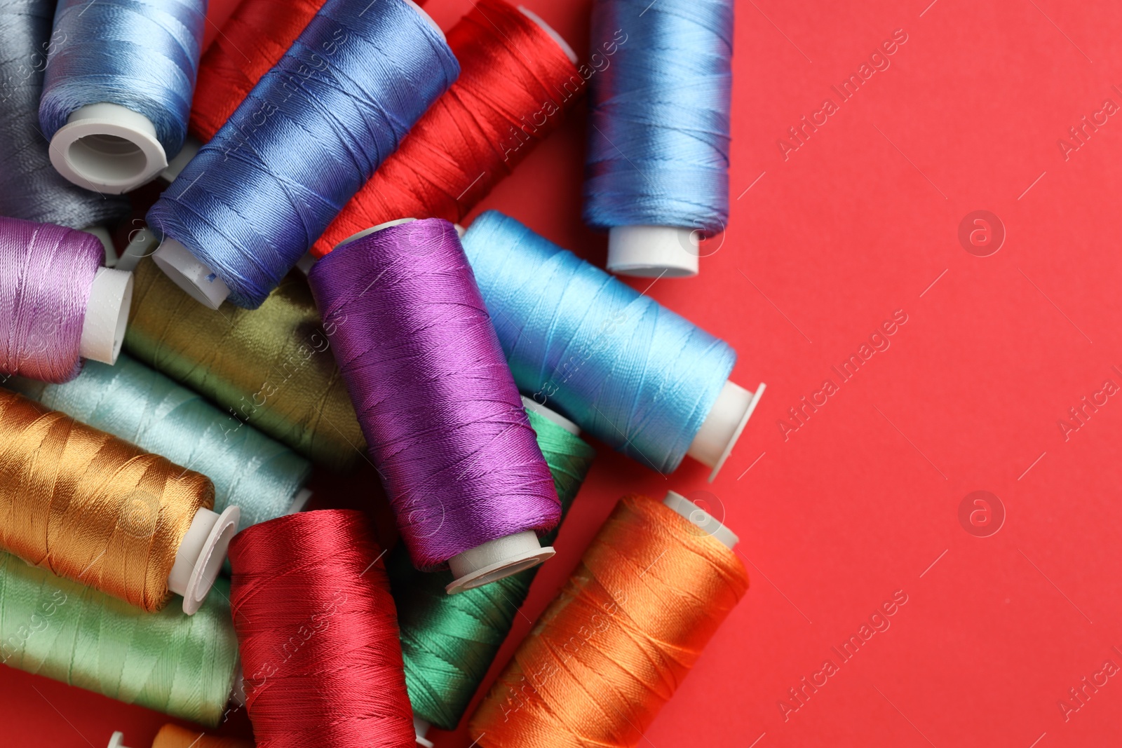 Photo of Different spools of sewing threads on red background, flat lay. Space for text