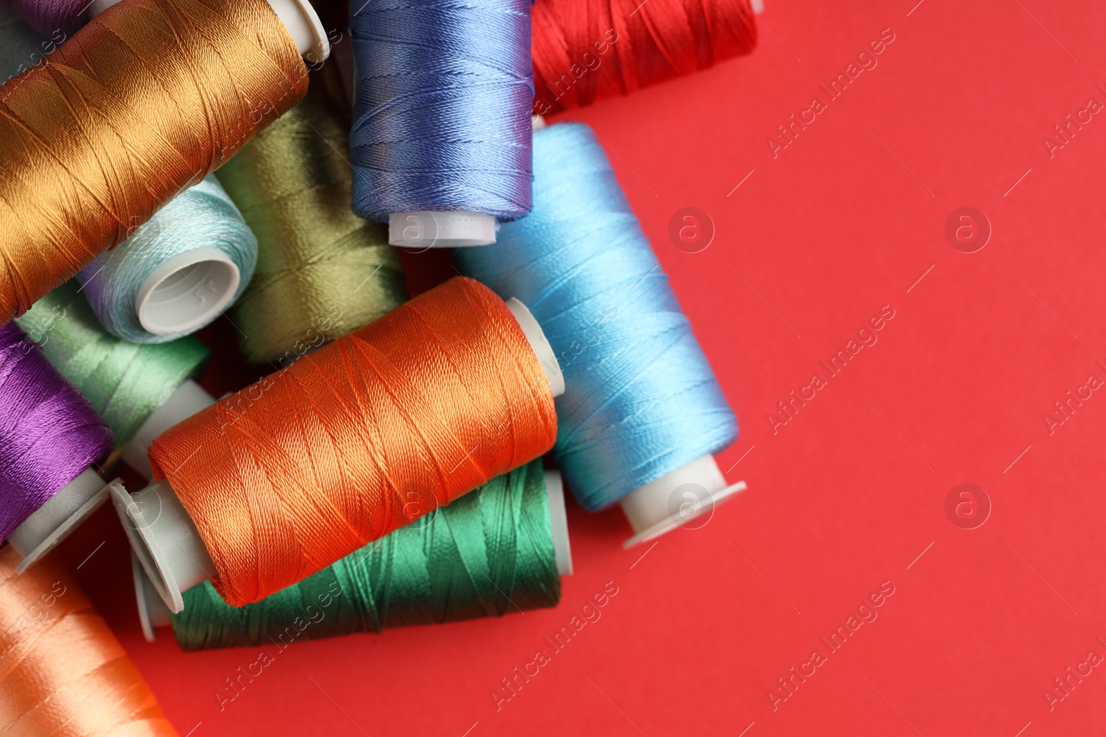 Photo of Different spools of sewing threads on red background, flat lay. Space for text