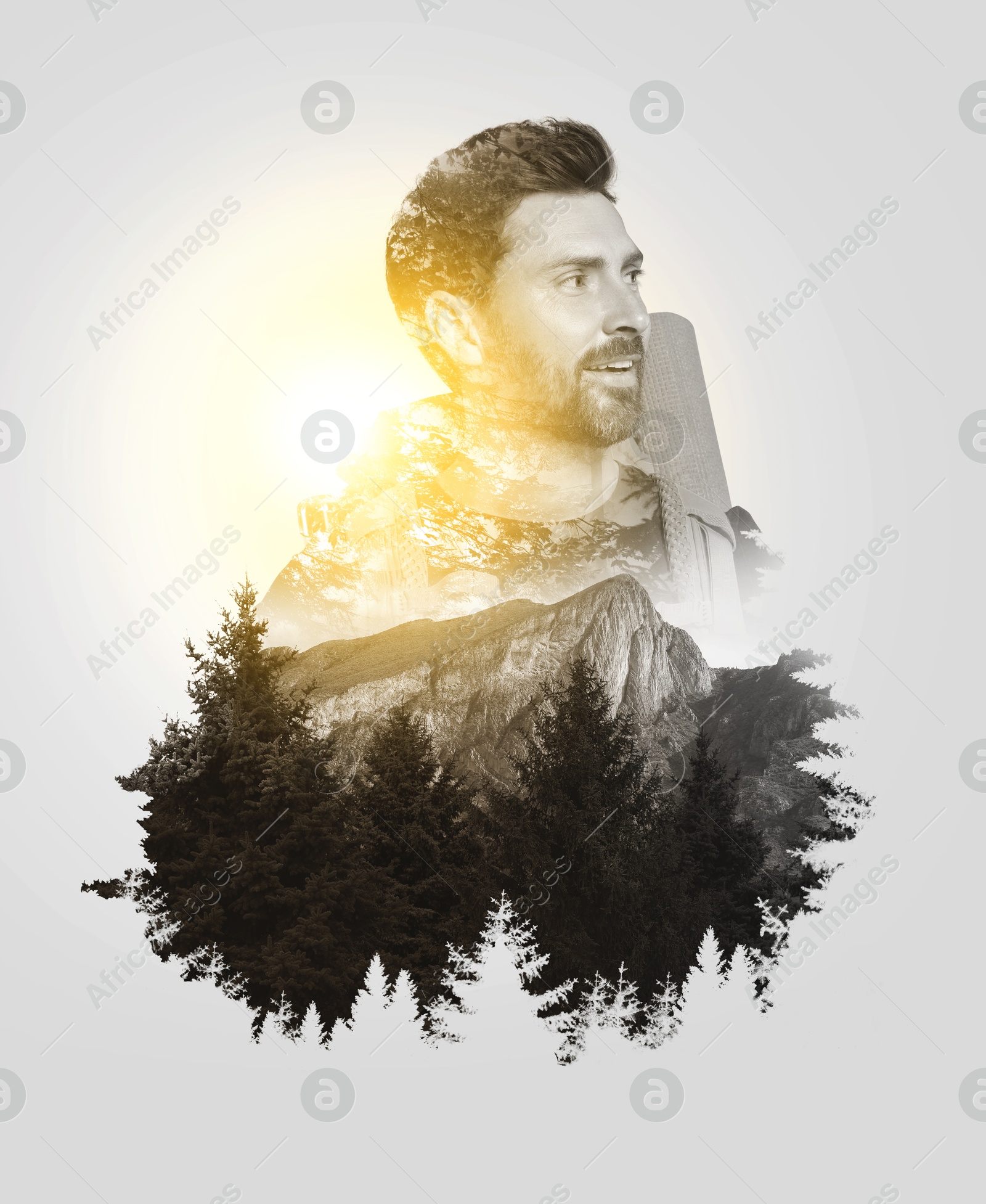 Image of Traveler, double exposure with landscape of nature