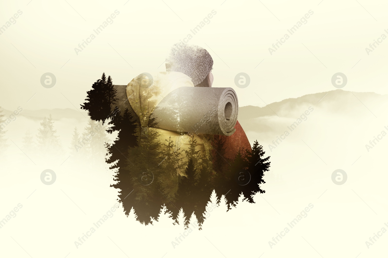 Image of Traveler, multiple exposure with landscape of nature