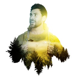 Image of Traveler on white background, double exposure with landscape of nature