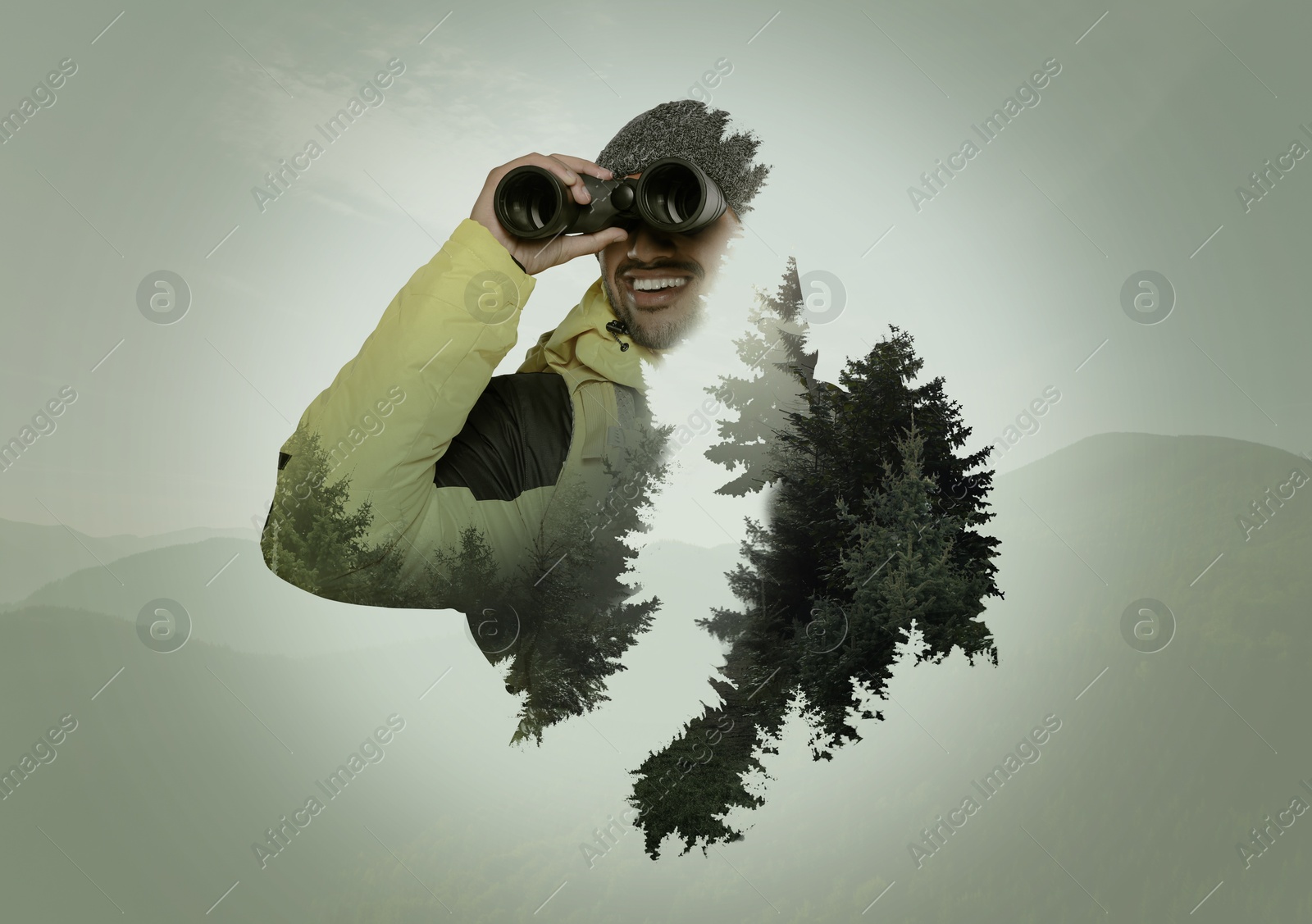 Image of Traveler, multiple exposure with landscape of nature