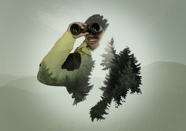 Traveler, multiple exposure with landscape of nature