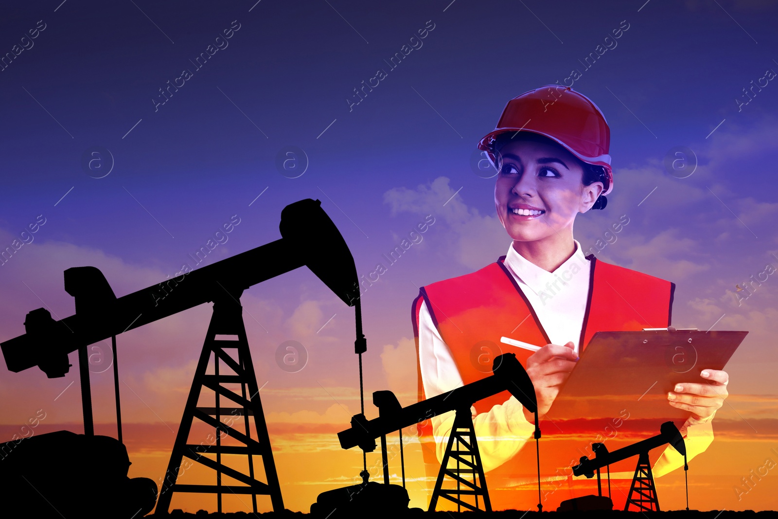 Image of Worker, double exposure with crude oil pumps