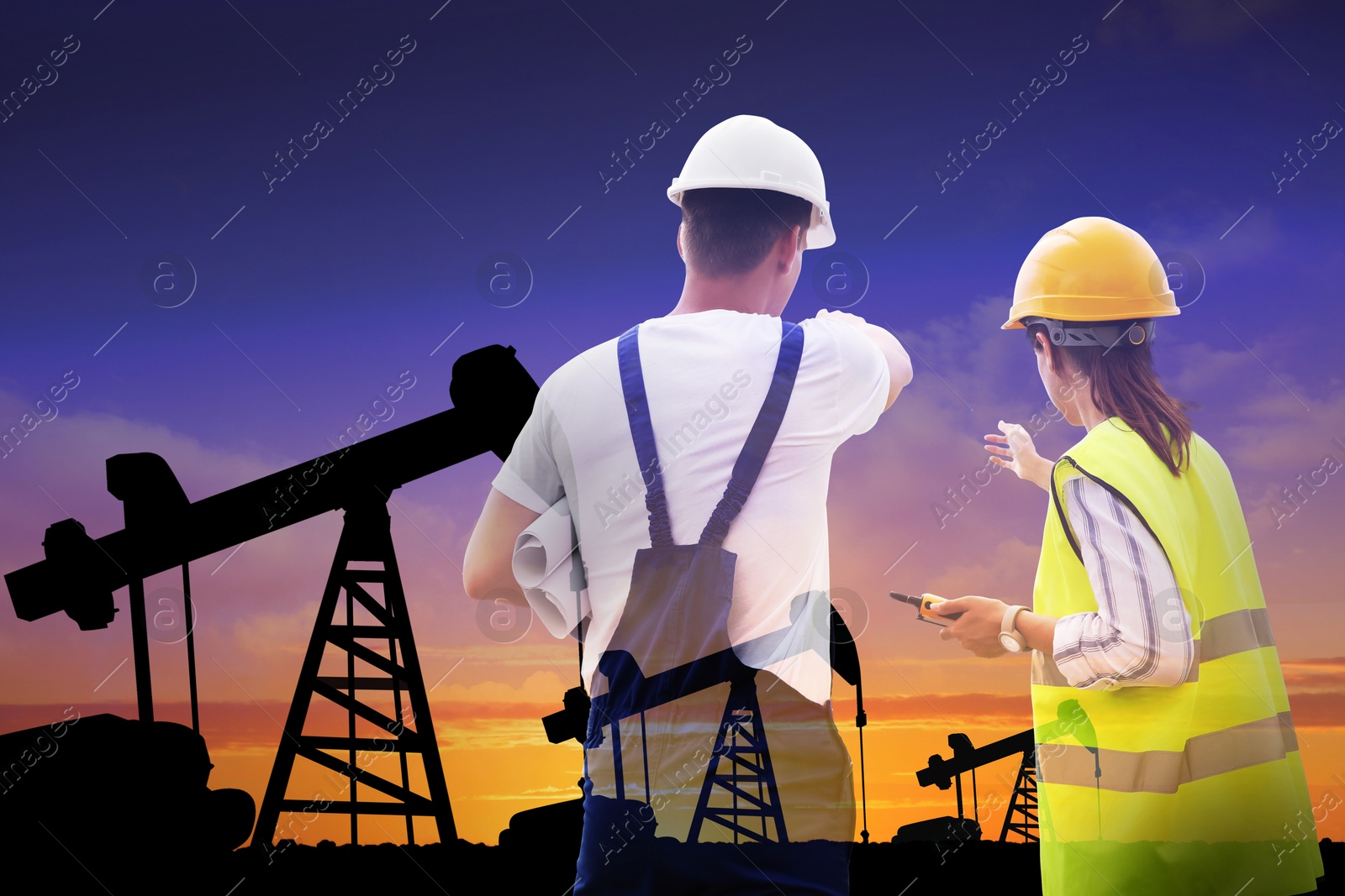 Image of Workers, double exposure with crude oil pumps