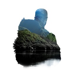 Image of Traveler on white background, double exposure with landscape of nature