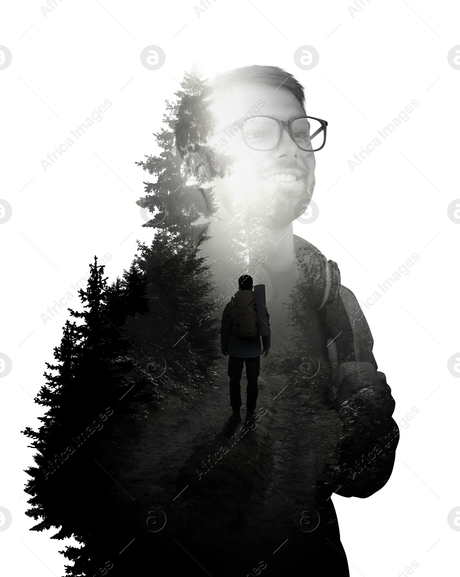 Image of Traveler on white background, double exposure with landscape of nature. Black-and-white