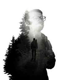 Image of Traveler on white background, double exposure with landscape of nature. Black-and-white