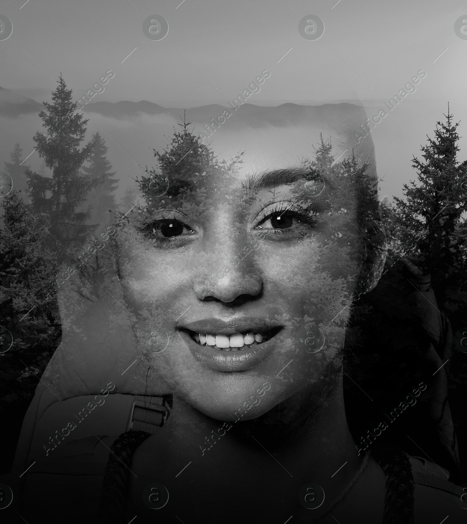 Image of Traveler, double exposure with landscape of nature. Black-and-white