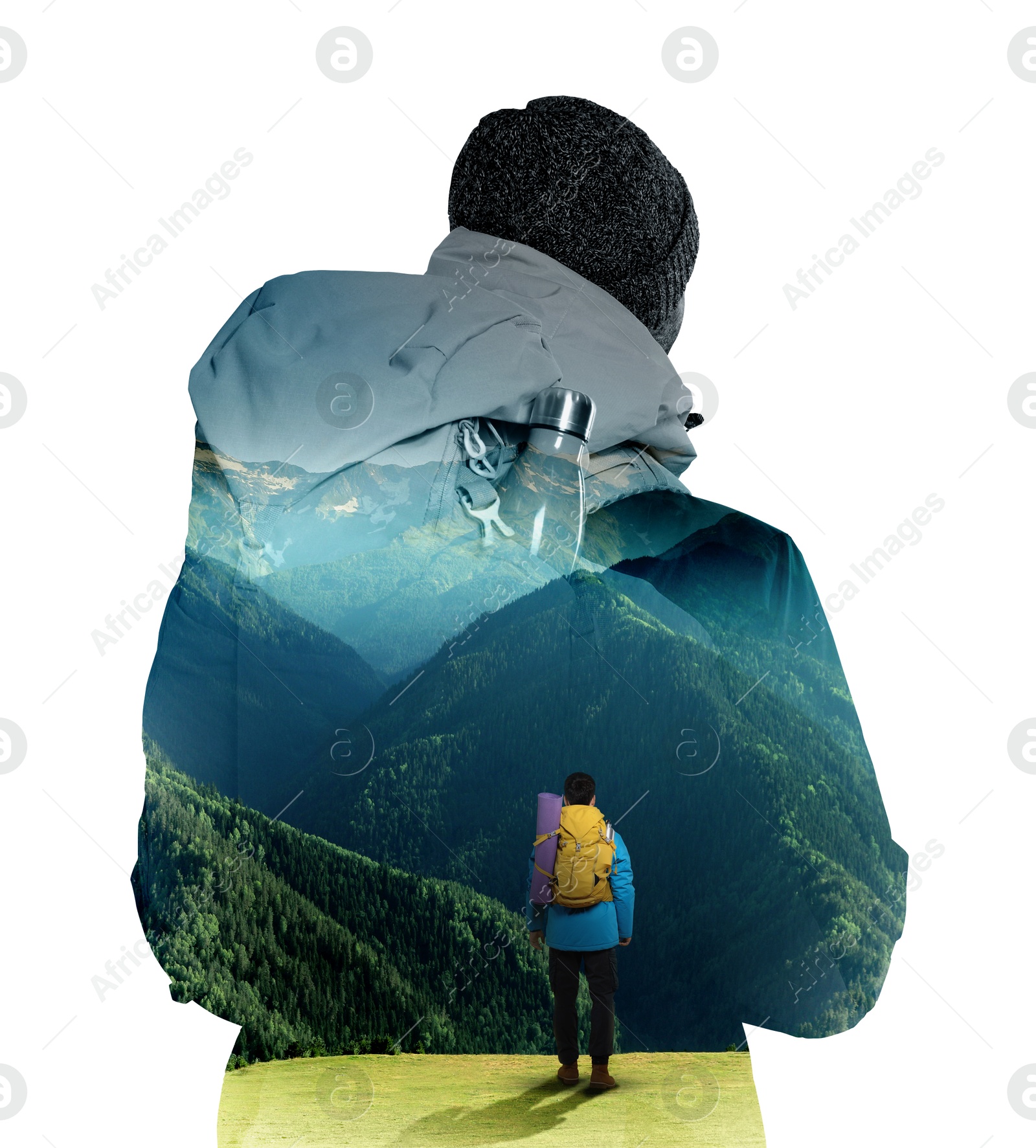 Image of Traveler on white background, double exposure with landscape of nature