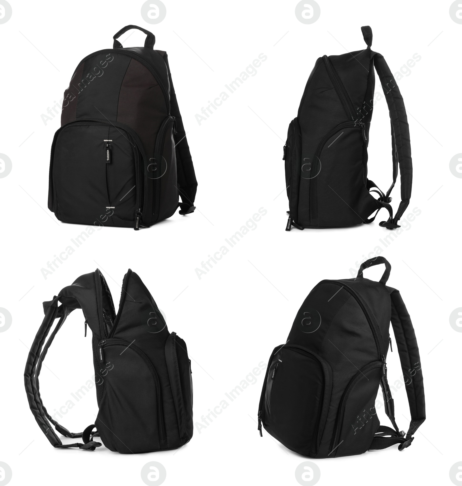 Black backpack isolated on white, collage. Different sides Image of Black backpack isolated on white, collage. Different sides