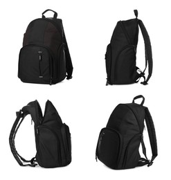 Image of Black backpack isolated on white, collage. Different sides