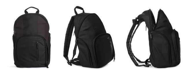 Image of Black backpack isolated on white, collage. Different sides