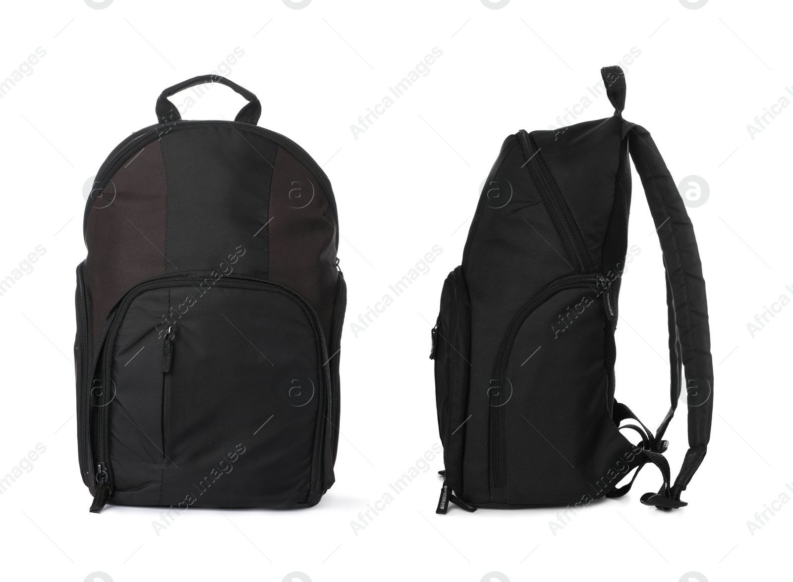 Image of Black backpack isolated on white, collage. Different sides