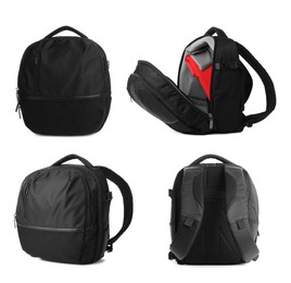 Image of Black backpack isolated on white, collage. Different sides