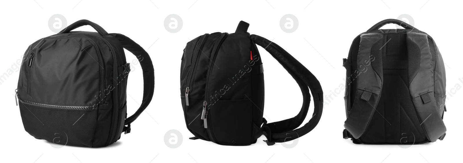 Black backpack isolated on white, collage. Different sides Image of Black backpack isolated on white, collage. Different sides