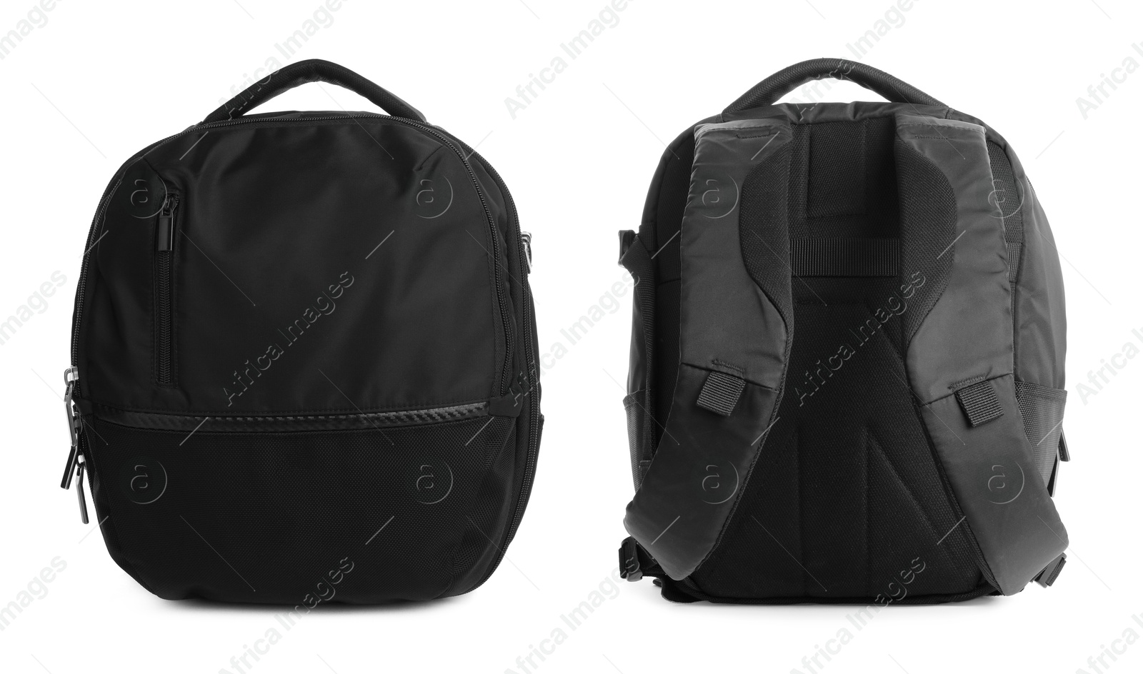 Image of Black backpack isolated on white, collage. Different sides