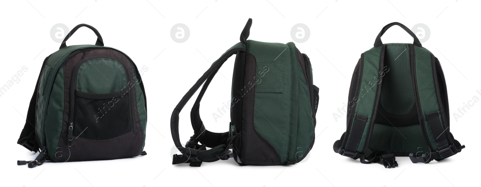 Dark green backpack isolated on white, collage. Different sides Image of Dark green backpack isolated on white, collage. Different sides