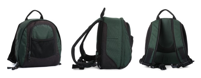 Image of Dark green backpack isolated on white, collage. Different sides