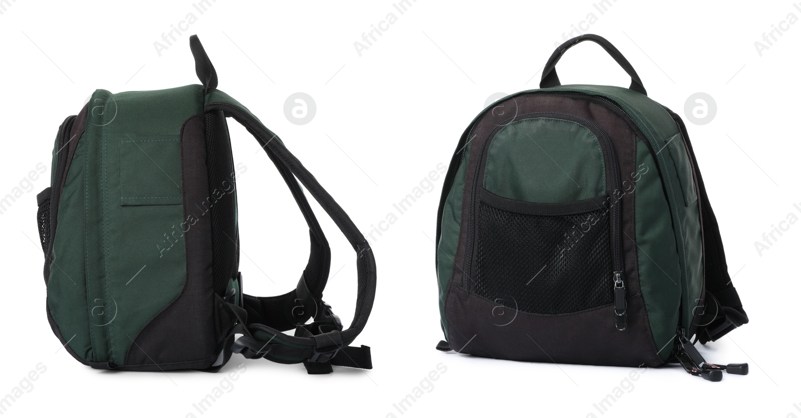 Dark green backpack isolated on white, collage. Different sides Image of Dark green backpack isolated on white, collage. Different sides