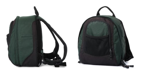 Image of Dark green backpack isolated on white, collage. Different sides