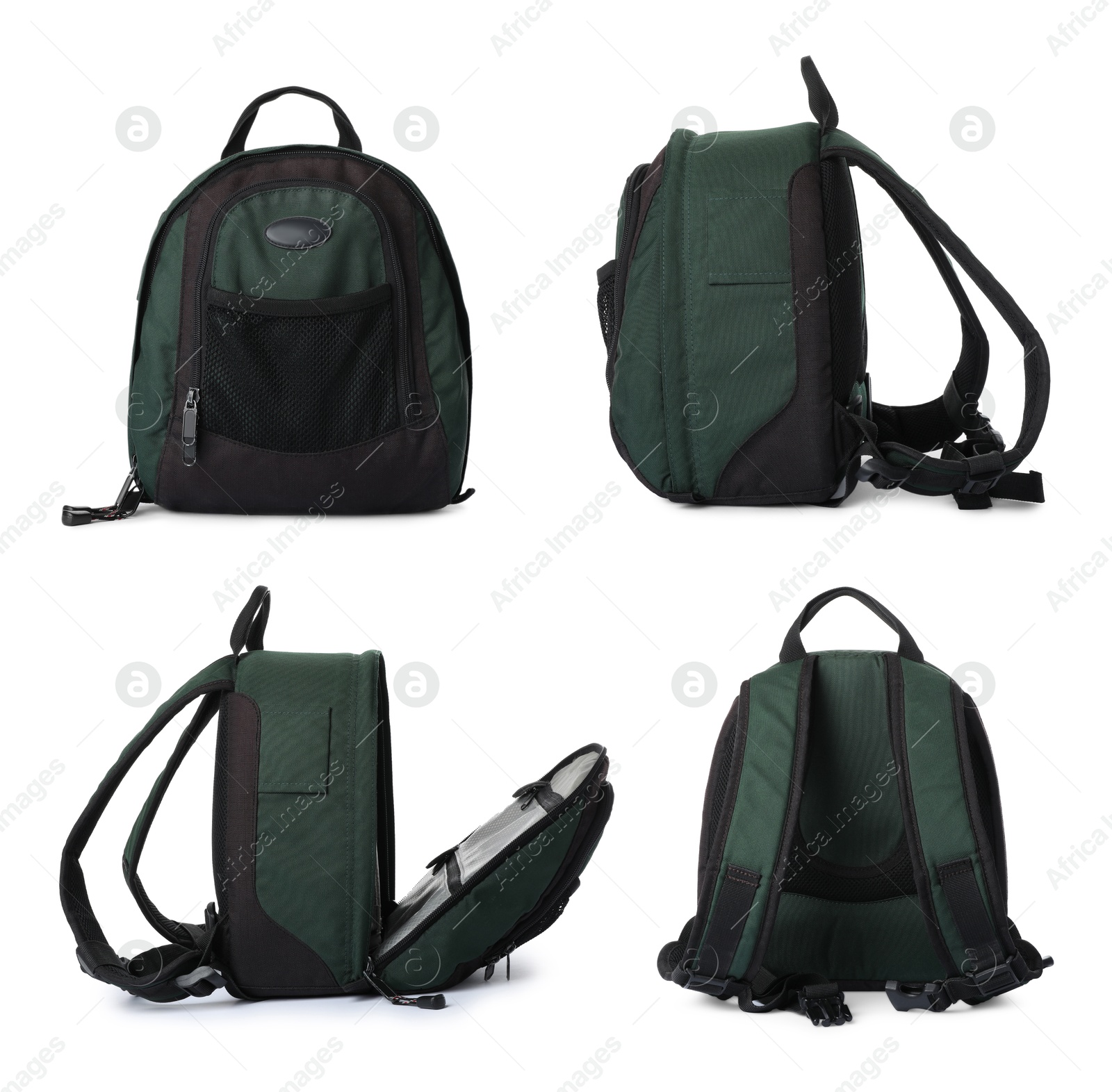 Dark green backpack isolated on white, collage. Different sides Image of Dark green backpack isolated on white, collage. Different sides