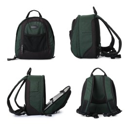 Image of Dark green backpack isolated on white, collage. Different sides