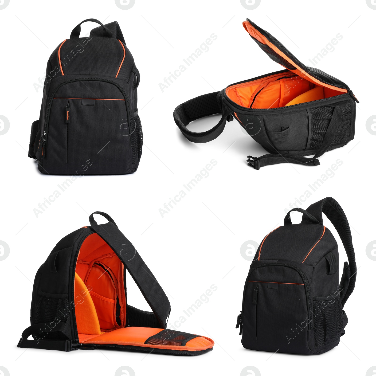 Black backpack isolated on white, collage. Different sides Image of Black backpack isolated on white, collage. Different sides