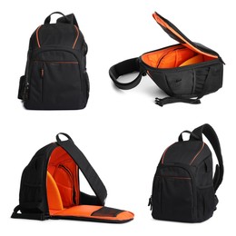 Image of Black backpack isolated on white, collage. Different sides