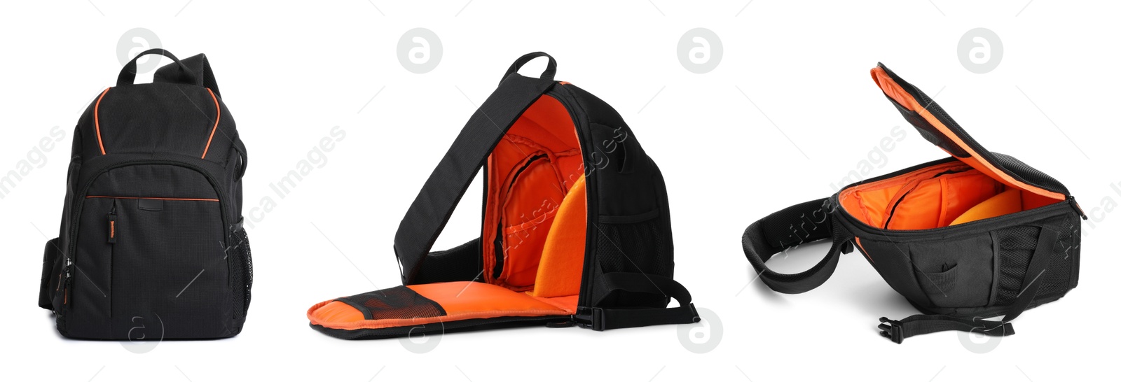 Black backpack isolated on white, collage. Different sides Image of Black backpack isolated on white, collage. Different sides