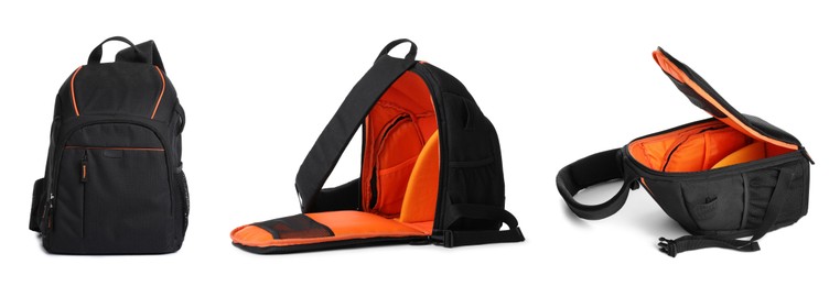 Image of Black backpack isolated on white, collage. Different sides