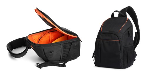 Image of Black backpack isolated on white, collage. Different sides