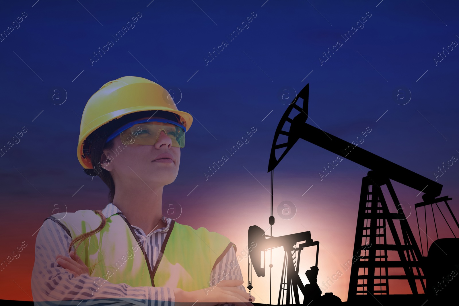 Image of Worker, double exposure with crude oil pumps