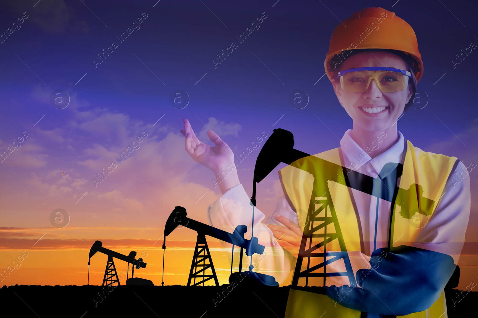 Image of Worker, double exposure with crude oil pumps